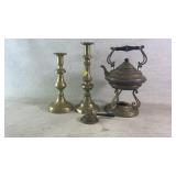 Brass Candlesticks and Kettle on Stand w/ Snuffer