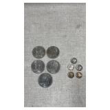 5 U.S. silver dimes produced between 1923 and 1945