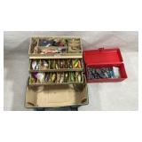 Vtg 3 tier fishing tackle box full of lures and