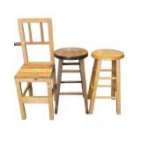 2 Wooden Barstools and Hand Crafted Wooden Chair