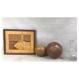 Lot: Wooden Artwork, Spheres, Glass Decanter