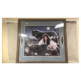 Framed Maija Artwork with Wolves and Native Woman