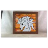 stained glass unicorn panel With wooden frame