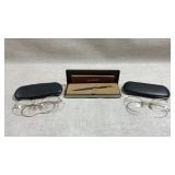 2 pairs of antique 12k gf glasses, Vtg Parker pen