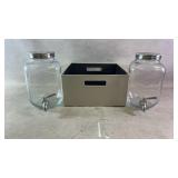 (2) glassware beverage dispenser & Rubbermaid tote