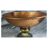 Vintage Hammered Copper Pedestal Bowl with Brass