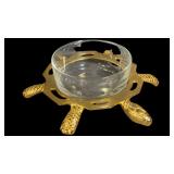 Vintage Brass Turtle Holding Glass Bowl Candy Dish