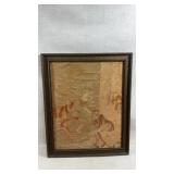 framed antique needlepoint tapestry depicts an