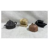 four unique novelty Yixing clay teapots in