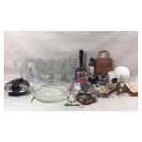 Glass cups, alarm clock, bell and more
