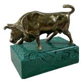 Bronze Raging Bull Mounted On Malachite Base