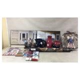 Patriotic Decor Featuring Figurines, Art, and Flag