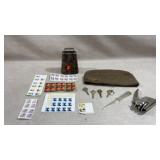 metal cowbell, various postage stamp sheets,