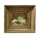 Vintage Painting Of 3 Rabbits Oil On Canvas