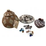 Signed Native American pottery basket & Fetiches