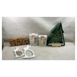 holiday decor items including a wooden "Happy