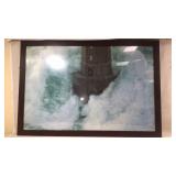 Framed Photograph of Lighthouse and Ocean Waves