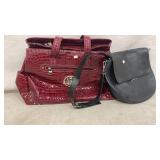 Two Designer Handbags: Black Leather and Red Croc-