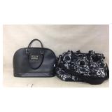 Two Bags Lot: Black Handbag and Patterned Tote