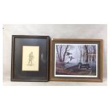 Etching and Signed Wildlife Print Pair in Frames