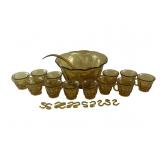 Amber Glass Punch Bowl Set with Cups and Ladle