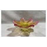 mid-century modern pink and yellow art glass bowl