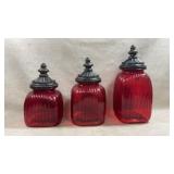 SET OF 3 RED GLASS CANISTERS