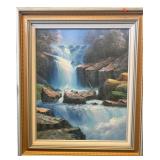 Oil on Canvas Cascading Mountain Waterfall