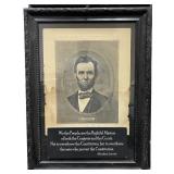 Framed portrait of Abraham Lincoln etching