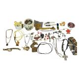 Vintage Assorted Misc. Costume Jewelry + Basket,