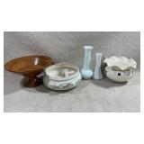 Wooden Candy Dish, Milk Glass Bud Vase