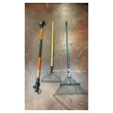 an Anvil wood-handle bow rake in the middle, and