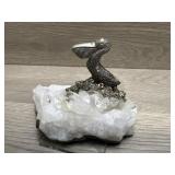 Pewter Pelican mounted on Quartz Crystal Specimen