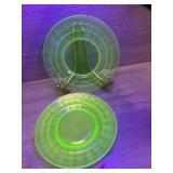 (4)Block Pattern Vaseline Glass 8 1/2" Plates