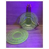 (2) Block Pattern Vaseline Glass Dessert Plates