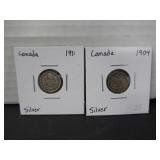2 SILVER CANADA 5 CENT COIN 1904 & 1911