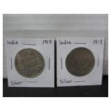 2 SILVER INDIA ONE RUPEE COINS 1918 & 1919