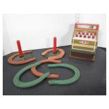 METAL TOY CASH REGISTER & TOY HORSESHOE GAME SET