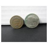 1899 US INDIAN HEAD 1 CENT COIN & 1937 US BUFFALO