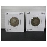 2 SILVER GB SHILLING COINS 1825 & 1826