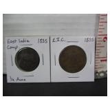 2 EARLY EAST INDIA COMP. COINS 1835
