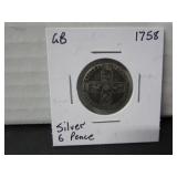 EARLY SILVER 1758 GB 6 PENCE COIN