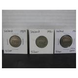 3 SILVER IRELAND ONE SHILLING COINS