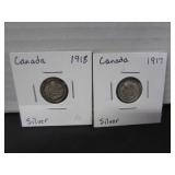 2 SILVER CANADA 5 CENT COINS 1917 & 1918