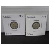 2 SILVER CANADA 5 CENT COINS 1912 & 1914