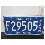 1980 ONTARIO FARM LICENCE PLATE
