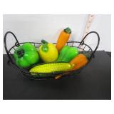 LOT OF HANDBLOWN ART GLASS FRUIT-VEGS. IN BASKET
