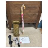 Hammered Brass Umbrella Stand & Umbrellas