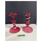 2 Unmatched Cranberry Glass Candlesticks