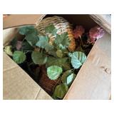 Box of misc artificial plants, candles etc